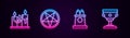 Set line Burning candles, Pentagram circle, Stage stand or tribune and Christian chalice. Glowing neon icon. Vector