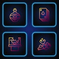 Set line Burning car, Broken window, Poison bottle and Playing cards. Gradient color icons. Vector Royalty Free Stock Photo