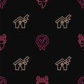 Set line Burning car, House and lightning and Approved check mark on seamless pattern. Vector