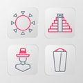 Set line Burrito, Mexican man sombrero, Chichen Itza in Mayan and Sun icon. Vector Royalty Free Stock Photo