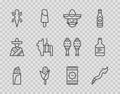 Set line Burrito, Snake, Mexican man sombrero, Corn, Lizard, Pinata, carpet and Tequila bottle icon. Vector Royalty Free Stock Photo