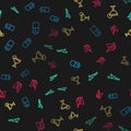 Set line Burrito, Vintage pistols, Margarita cocktail and Hot chili pepper pod on seamless pattern. Vector Royalty Free Stock Photo