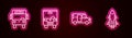 Set line Bus, , Minibus and Rocket ship with fire. Glowing neon icon. Vector Royalty Free Stock Photo