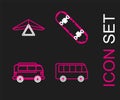 Set line Bus, Retro minivan, Skateboard and Hang glider icon. Vector