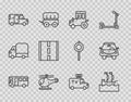 Set line Bus, Sailboat, Tractor, Helicopter, Minibus, Road, TV News car and Car icon. Vector Royalty Free Stock Photo