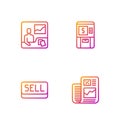 Set line Business finance report, Sell button, Trading courses and ATM and money. Gradient color icons. Vector