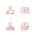 Set line Always busy, Time to travel, Delivery time and Morning. Gradient color icons. Vector