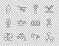 Set line Butterfly, Mushroom, Garden rake, Water tap, Acorn, Watering can, and Flower tulip pot icon. Vector