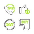 Set line Buy button, Clock 24 hours, Hand holding coin and Telephone support icon. Vector Royalty Free Stock Photo