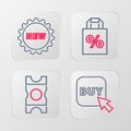 Set line Buy button, Coupon, Shoping bag with percent discount and Price tag text New icon. Vector Royalty Free Stock Photo