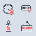 Set line Buy button, Discount percent tag, Hanging sign with text Closed and Clock and discount icon. Vector
