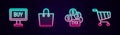 Set line Buy button, Paper shopping bag, Tax payment and Shopping cart. Glowing neon icon. Vector