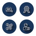 Set line Buy button, Stars rating, Dollar symbol and Buyer with long shadow. Blue circle button. Vector