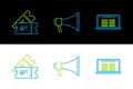 Set line Buy cinema ticket online, Cinema and Megaphone icon. Vector Royalty Free Stock Photo