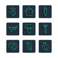 Set line Cabbage, Asparagus, Plum fruit, Carrot, Mushroom, Peas, Turnip and Onion icon. Vector