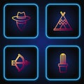 Set line Cactus peyote in pot, Bow and arrow quiver, Cowboy and Indian teepee or wigwam. Gradient color icons. Vector