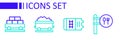 Set line Cafe and restaurant location, Train ticket, Coal train wagon and Cargo icon. Vector