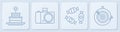 Set line Cake with burning candles, Candy, Photo camera and Classic dart board and arrow. White square button. Vector Royalty Free Stock Photo