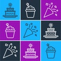 Set line Cake with burning candles, Festive confetti and Cake icon. Vector