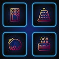 Set line Cake with burning candles, Glass jar candies inside, Chocolate bar and . Gradient color icons. Vector