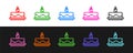 Set line Cake with burning candles icon isolated on black and white background. Happy Birthday. Vector Royalty Free Stock Photo
