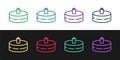 Set line Cake with burning candles icon isolated on black and white background. Happy Birthday. Vector Royalty Free Stock Photo