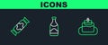 Set line Cake, Candy and Champagne bottle icon. Vector