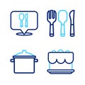 Set line Cake, Cooking pot, Fork, spoon and knife and Cafe restaurant location icon. Vector