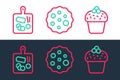 Set line Cake, Cutting board and Cookie or biscuit icon. Vector