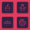 Set line Cake, Homemade pie, Kitchen apron and Donut. Blue square button. Vector