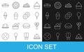 Set line Cake, Lollipop, Cotton candy, Ice cream in waffle cone, Homemade pie and Cookie or biscuit icon. Vector