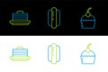 Set line Cake, Stack of pancakes and Hotdog sandwich icon. Vector