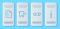 Set line Calcium for tooth, Candy, Clipboard with dental card and Dental explorer scaler teeth icon. Vector