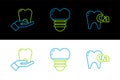 Set line Calcium for tooth, Tooth and Dental implant icon. Vector