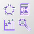 Set line Calculation, Graph, schedule, chart, diagram, Calculator and Geometric figure Pentagonal prism icon. Vector