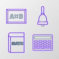 Set line Calculator, Book with word mathematics, Ringing bell and Chalkboard icon. Vector