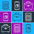 Set line Calculator, Briefcase and Mobile phone with graph chart icon. Vector