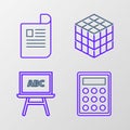 Set line Calculator, Chalkboard, Rubik cube and Document icon. Vector Royalty Free Stock Photo