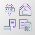 Set line Calculator, Credit card, Garage and Location key icon. Vector Royalty Free Stock Photo
