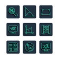 Set line Calculator, math, is subset of b, Computer monitor with graph chart, Acute trapezoid shape, Graph, schedule Royalty Free Stock Photo