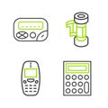 Set line Calculator, Old mobile phone, Camera roll cartridge and Pager icon. Vector