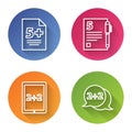 Set line Calculator, Open book, Calculation and Geometric figure Cone. Color circle button. Vector