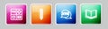 Set line Calculator, Pencil, XYZ Coordinate system and Open book. Colorful square button. Vector