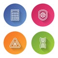 Set line Calculator, Shield protecting from virus, Triangle with radiation and DNA symbol. Color circle button. Vector