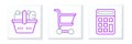 Set line Calculator, Shopping basket and food and cart icon. Vector