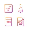 Set line Calculator, Test or exam sheet and pen, Open book and Test or exam sheet. Gradient color icons. Vector