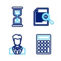 Set line Calculator, User of man in business suit, Document with search and Old hourglass icon. Vector Royalty Free Stock Photo