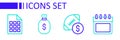 Set line Calendar, American football betting money, Money bag and Lottery ticket icon. Vector