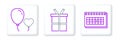 Set line Calendar, Balloons in form of heart and Gift box icon. Vector