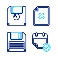 Set line Calendar with check mark, Floppy disk, Delete file document and icon. Vector Royalty Free Stock Photo